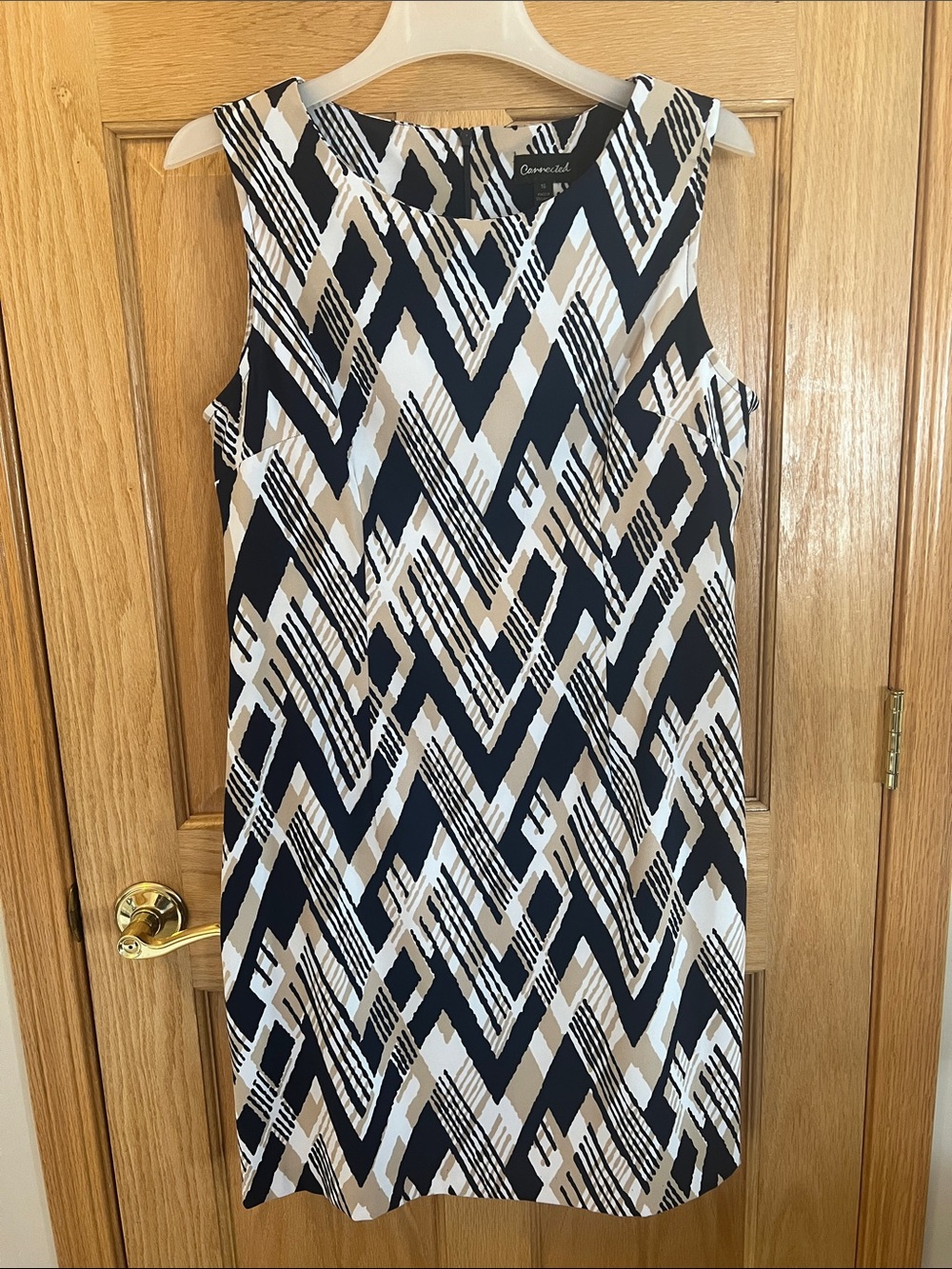 Connected - Navy, White & Taupe Zigzag Dress